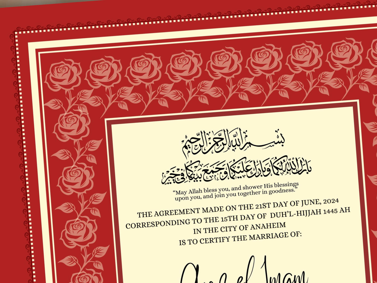 Rose Nikkah Certificate Template, Editable Nikkahnama, Printable Nikah Contract, Muslim Contract, Red Nikkah Islamic Marriage Contract.NN253