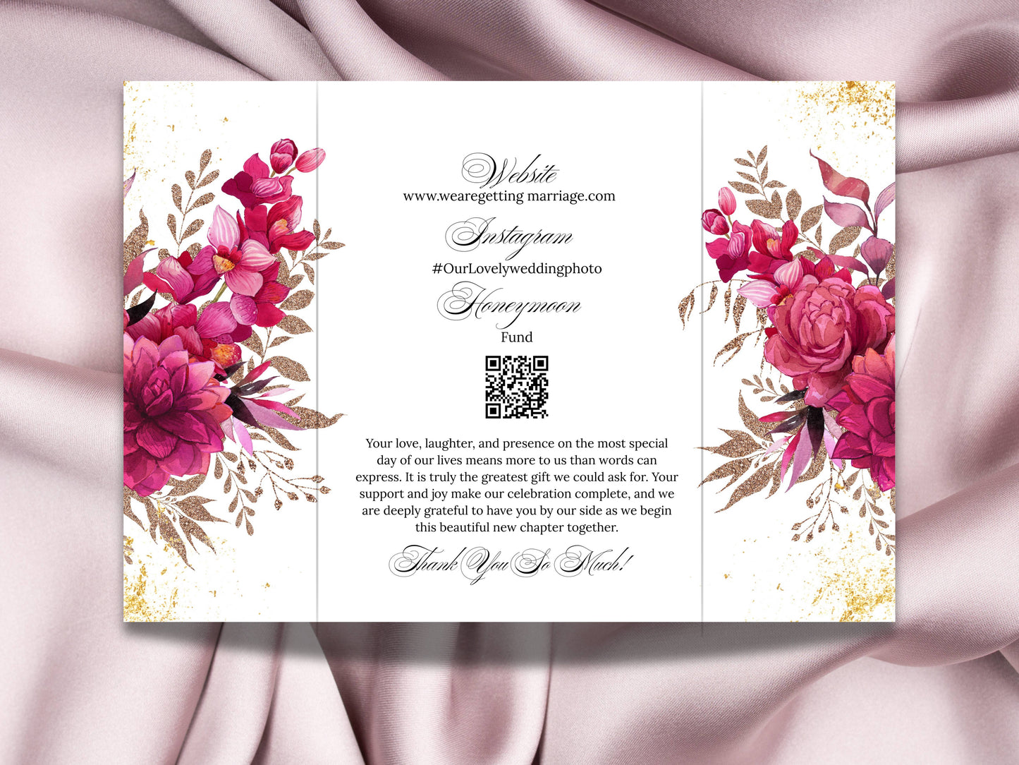 Wedding Invitation Trifold Template Canva, INSTANT DOWNLOAD, Pink Florals Trifold Invite Photo, Floral Pink Trifold Card,Pink Floral. WIB119