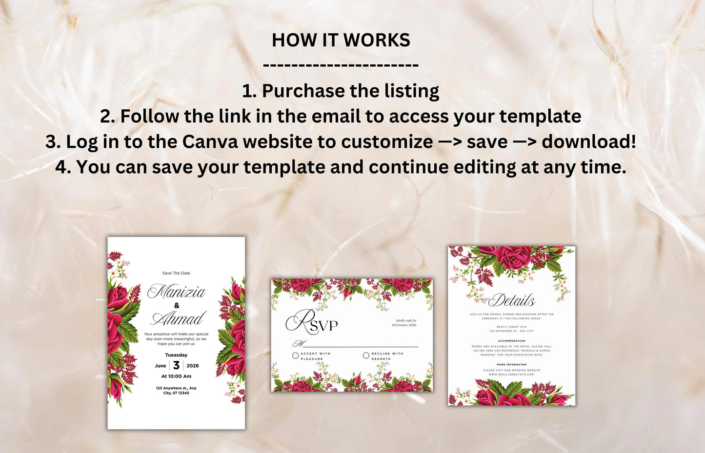 Floral Wedding Invitation Set Template, Printable Hot Pink Rose Wedding Invite Suite, Boho Wedding Template, RSVP Card, Details Card. WIB73