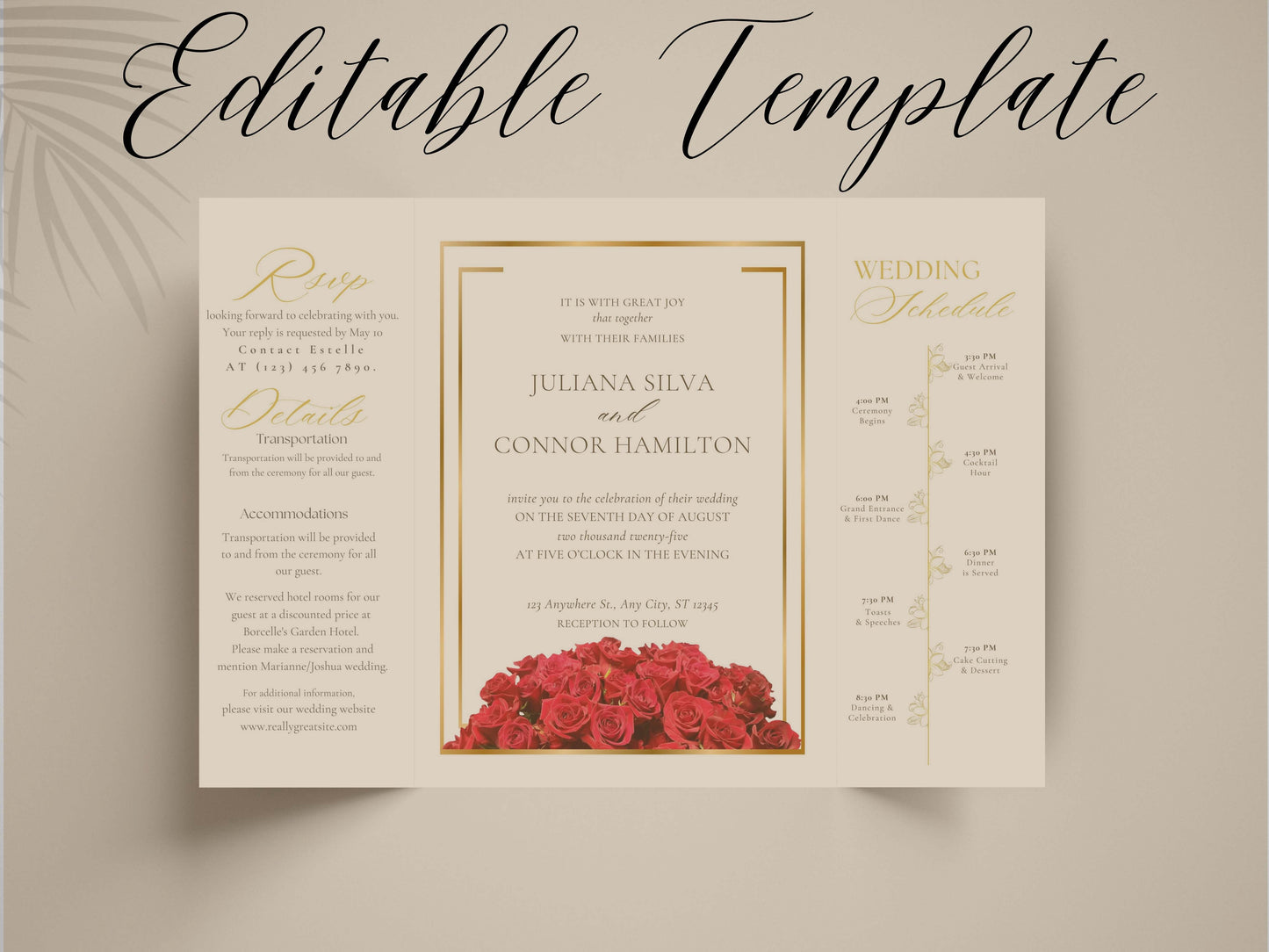 Elegant Red Rose Gatefold Wedding Invitation | Romantic Floral Wedding Card | Printable Invitation Suite | Red Wedding Timeline | WI140