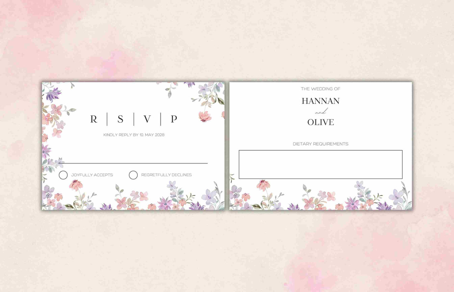 Wildflower Wedding Invitation Template, Printable Wedding Invitation, Pink and purple Invitation, Wedding Suite, RSVP, Details. WI101 - A1 Majestic