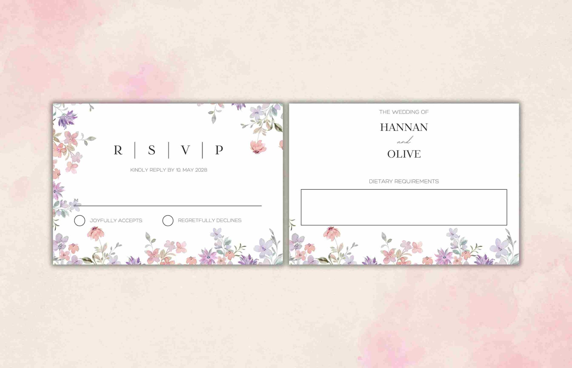 Wildflower Wedding Invitation Template, Printable Wedding Invitation, Pink and purple Invitation, Wedding Suite, RSVP, Details. WI101 - A1 Majestic