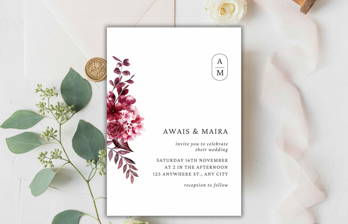 Wedding Invitation Suite, Maroon Wedding Invite Set, Editable Rsvp Card Template, 3 Piece Invitation Bundle, Details Card, WI108