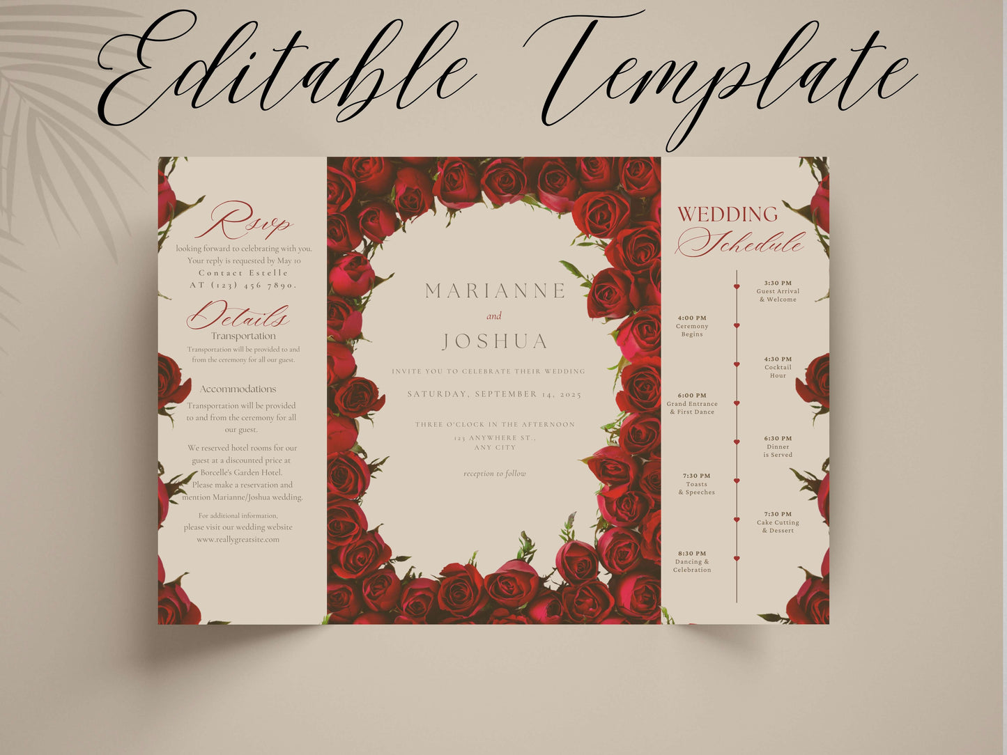 Elegant Red Rose Gatefold Wedding Invitation | Romantic Floral Wedding Card | Printable Wedding Invite with Schedule & RSVP. WI139