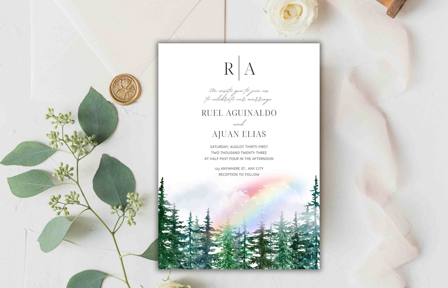 Pine tree Wedding Invitation Template, Editable Template, Greenery Eucalyptus Invitation Suite, Wedding Invites Template Editable. WI106 - A1 Majestic