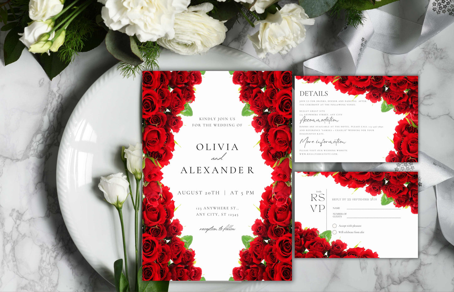 Red Rose Wedding Invitation Bundle, RSVP, Thank You Card, Red Rose Bridal Shower, Games Wedding Party Menu, Details Card, Template, WB1