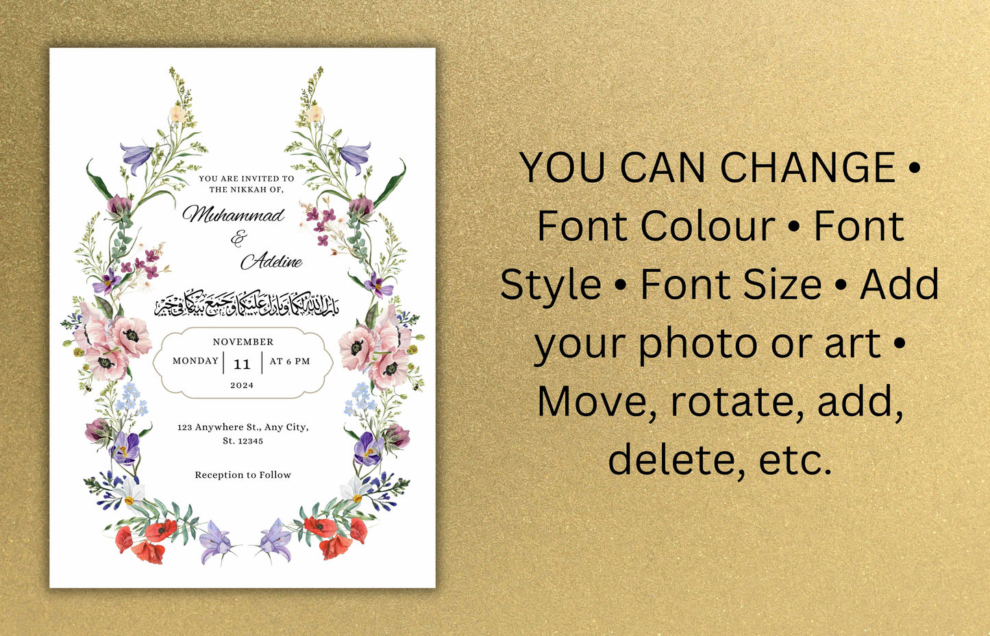 Nikkah Invitation Template, Spring Wedding Card, Floral Muslim Wedding Invite, Editable Nikkah Invitation Template, Nikkah Invitation. WT51
