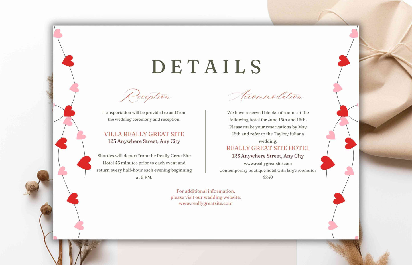 Romantic Wedding Invitation Template, Wedding Invitations Valentine Suite, RSVP, Detail Card, Red Hearts Invitation, Pink Heart Invite. WI98