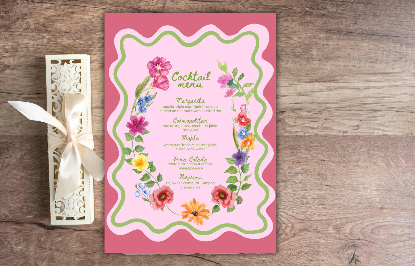 Colorful Floral Cocktail Menu Template, Printable Drinks Sign, Bar Menu Garden Party, Drink Menu, Biotical Wavy Cocktail Menu. WSB39