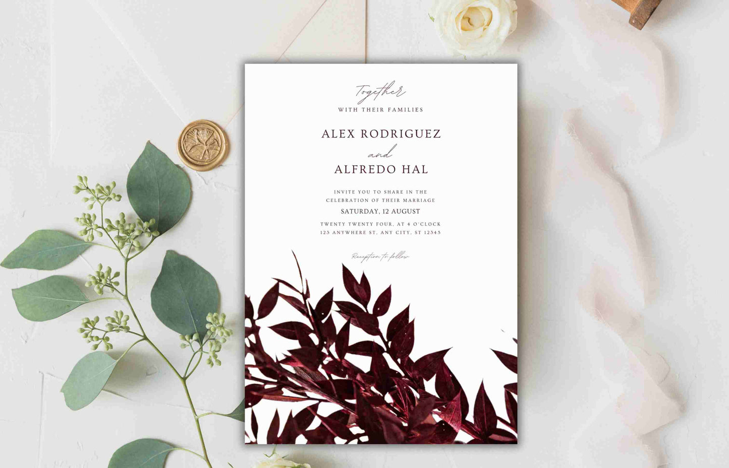 Burgundy wedding invitation, Wedding Invitation Suite, Editable, Printable Template, Editable Rsvp Details Card, Wine Wedding Invite. WI105 - A1 Majestic