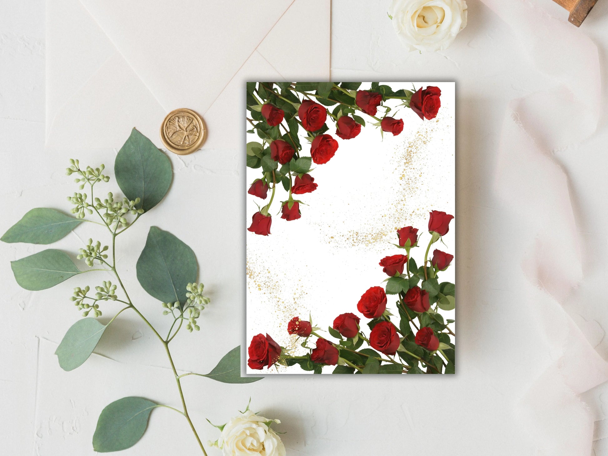 Red Rose Wedding Invitation , dark red floral gold frame border invite, Elegant Red Rose wedding Invitation, ,Shimmey, Editable A1 Majestic