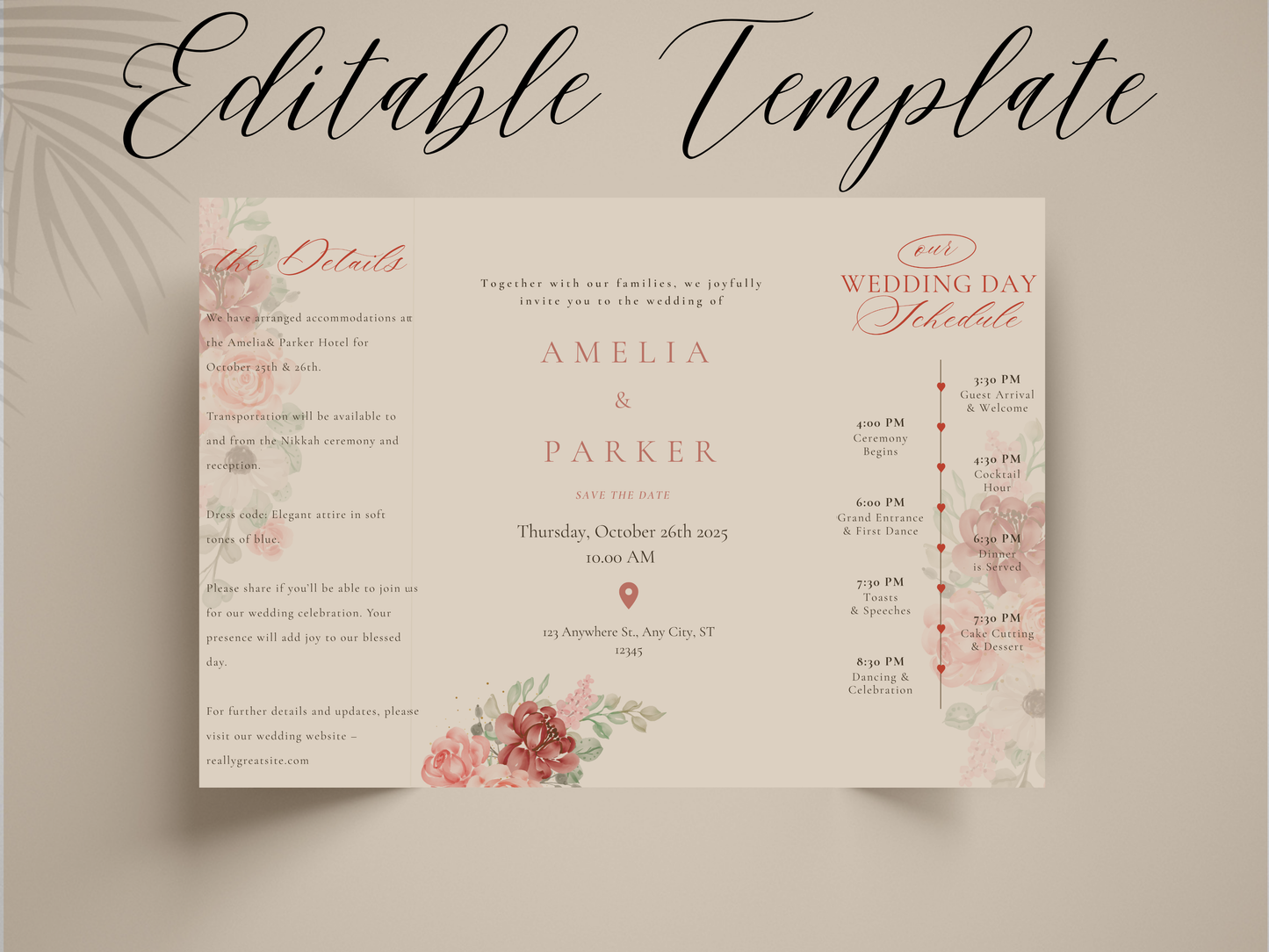 Elegant Floral Wedding Invitation Trifold Card Itinerary and Details Template Modern Editable Printable Invite. WI172