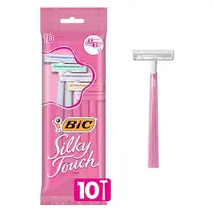 BIC Silky Touch Women's Disposable Razors, With 2 Blades, Pretty Pastel Razor Handles, 10 Count Pack of Shaving Razors