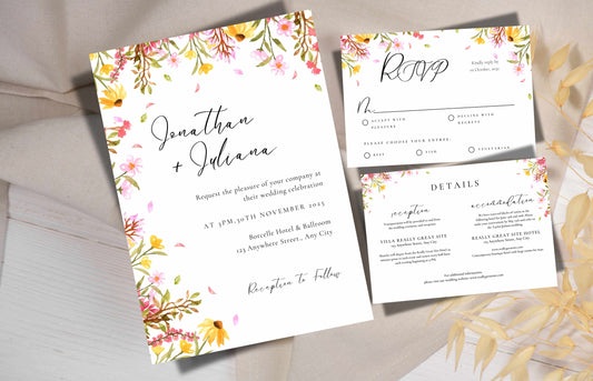 Wildflower Wedding Invitation, Floral wedding invitation template suite, Editable Rsvp, Digital invitation template, Wedding Invites. WE116