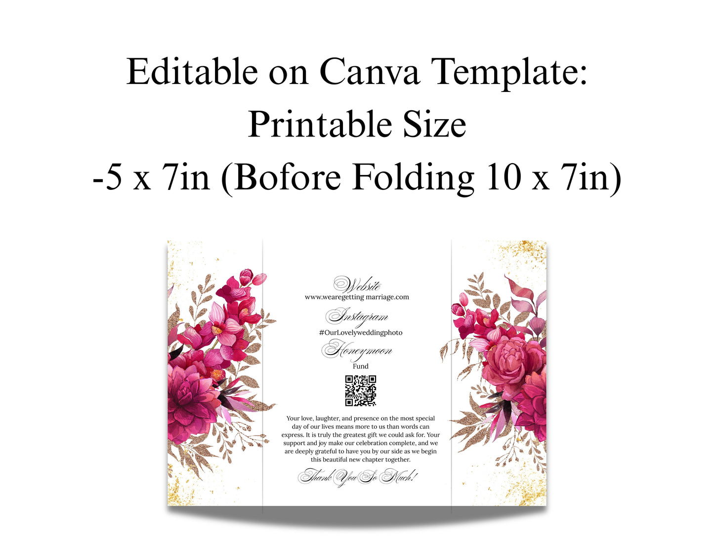 Wedding Invitation Trifold Template Canva, INSTANT DOWNLOAD, Pink Florals Trifold Invite Photo, Floral Pink Trifold Card,Pink Floral. WIB119