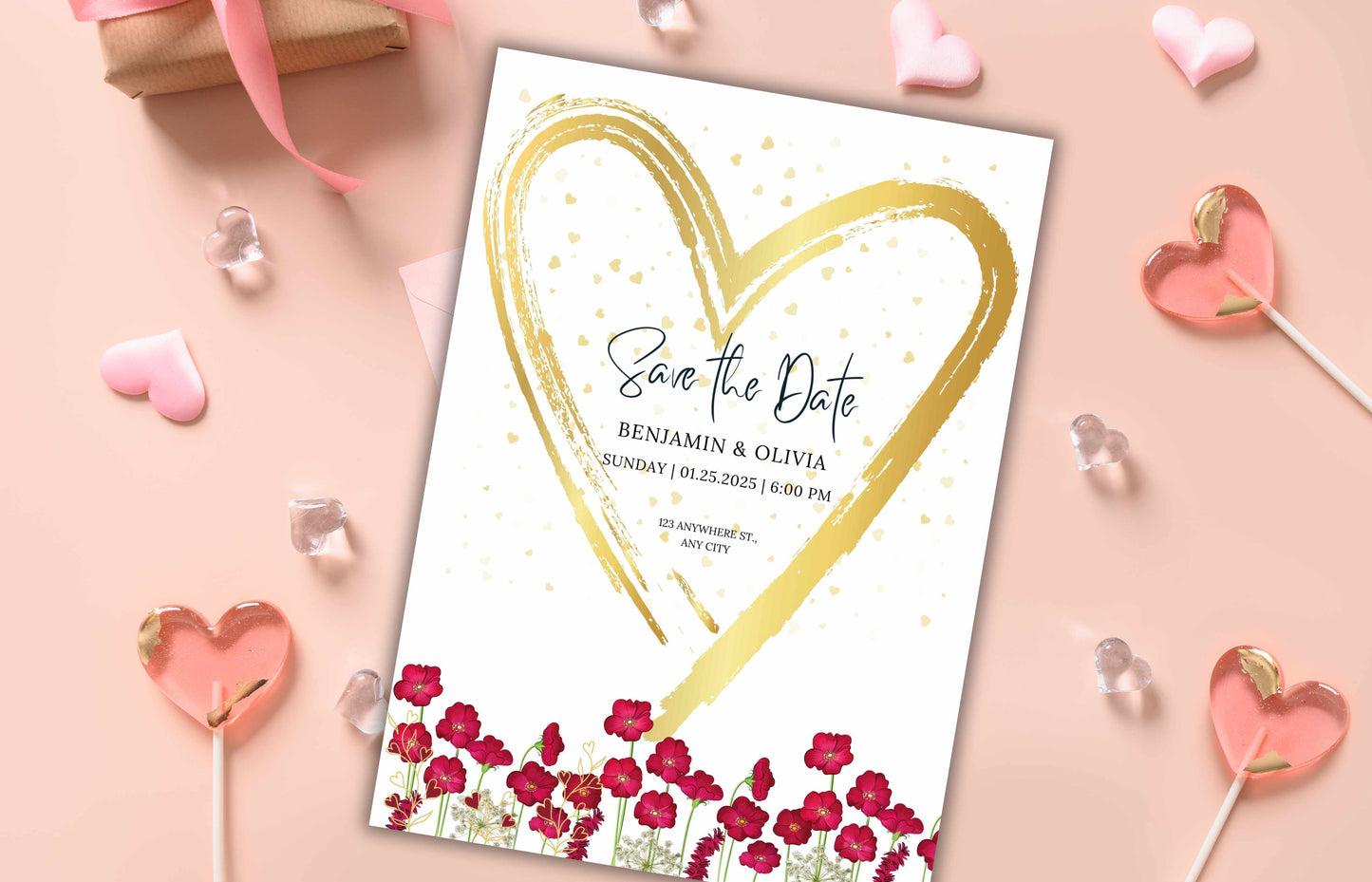 Wedding Invitation Template, Pink Wild Flower Wedding Invitation, Gold Heart Wedding Card, Romantic marriage Invitation, Editable BV61