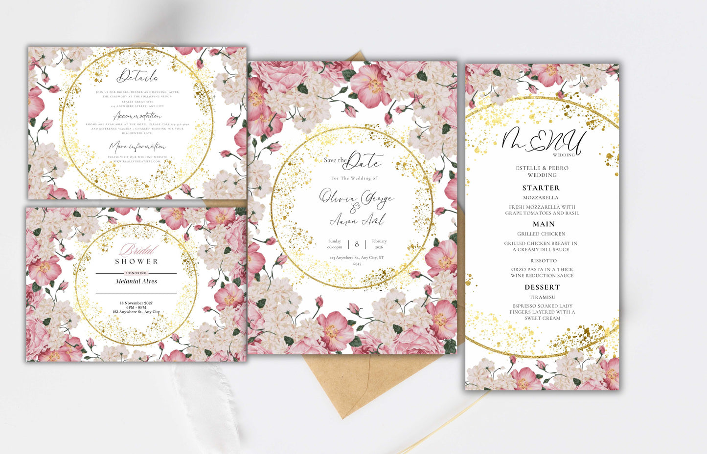 Pink Rose Wedding Invitation Bundle, RSVP, Thank You Card, Pink Rose Bridal Shower, Floral Suite, Party Menu, Details Card, Template, WB2