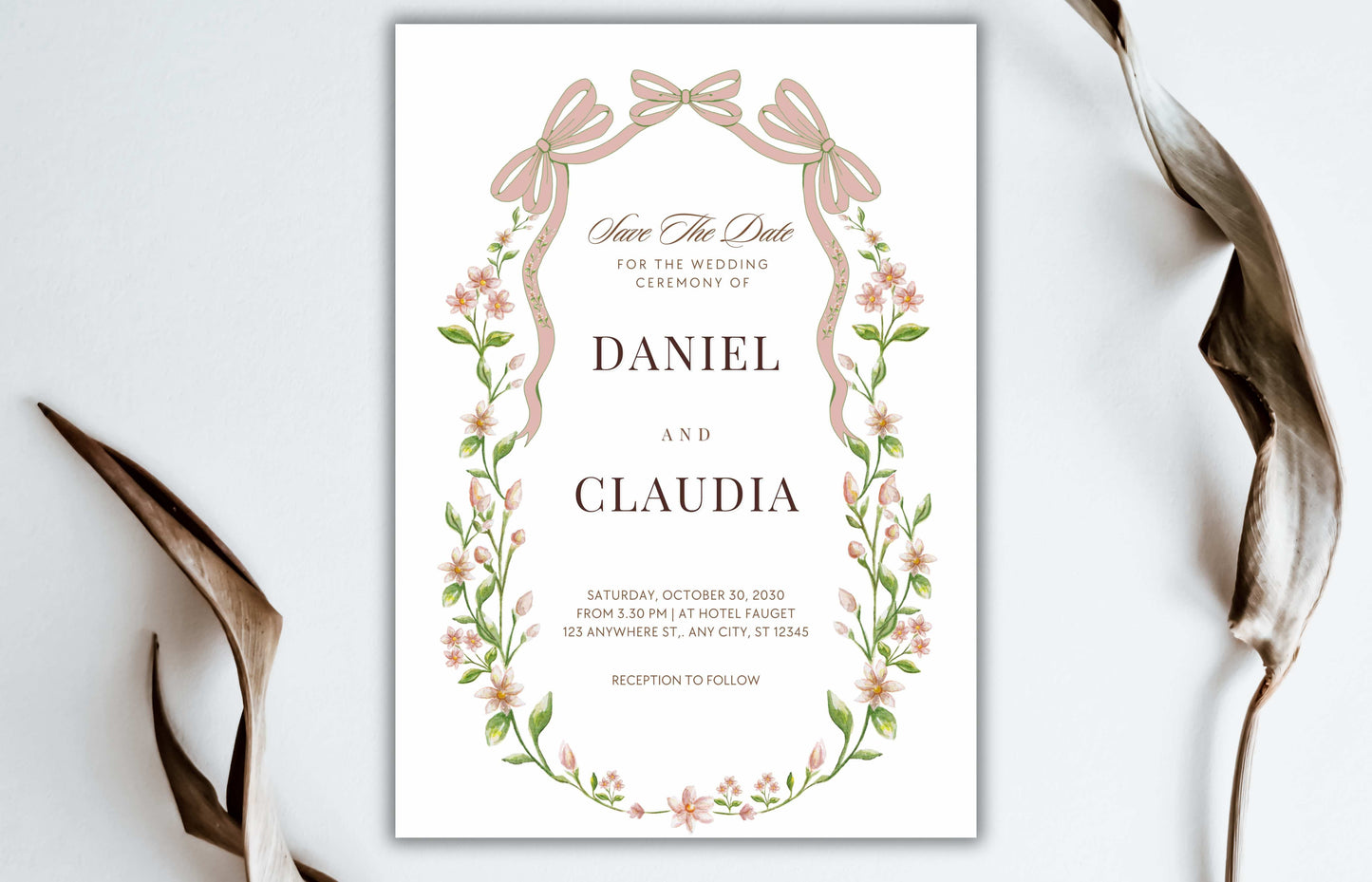 Ribbon Bow Wedding invitation Pink Green floral wedding invite, Spring summer wedding invitation suite, RSVP, Details Card, Editable WIB82