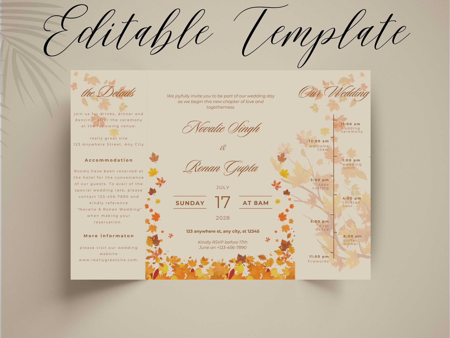 Autumn Wedding Card Template | Fall Leaves Wedding Details Card | Editable Timeline Program | Orange Wedding Invitation Printable. 174