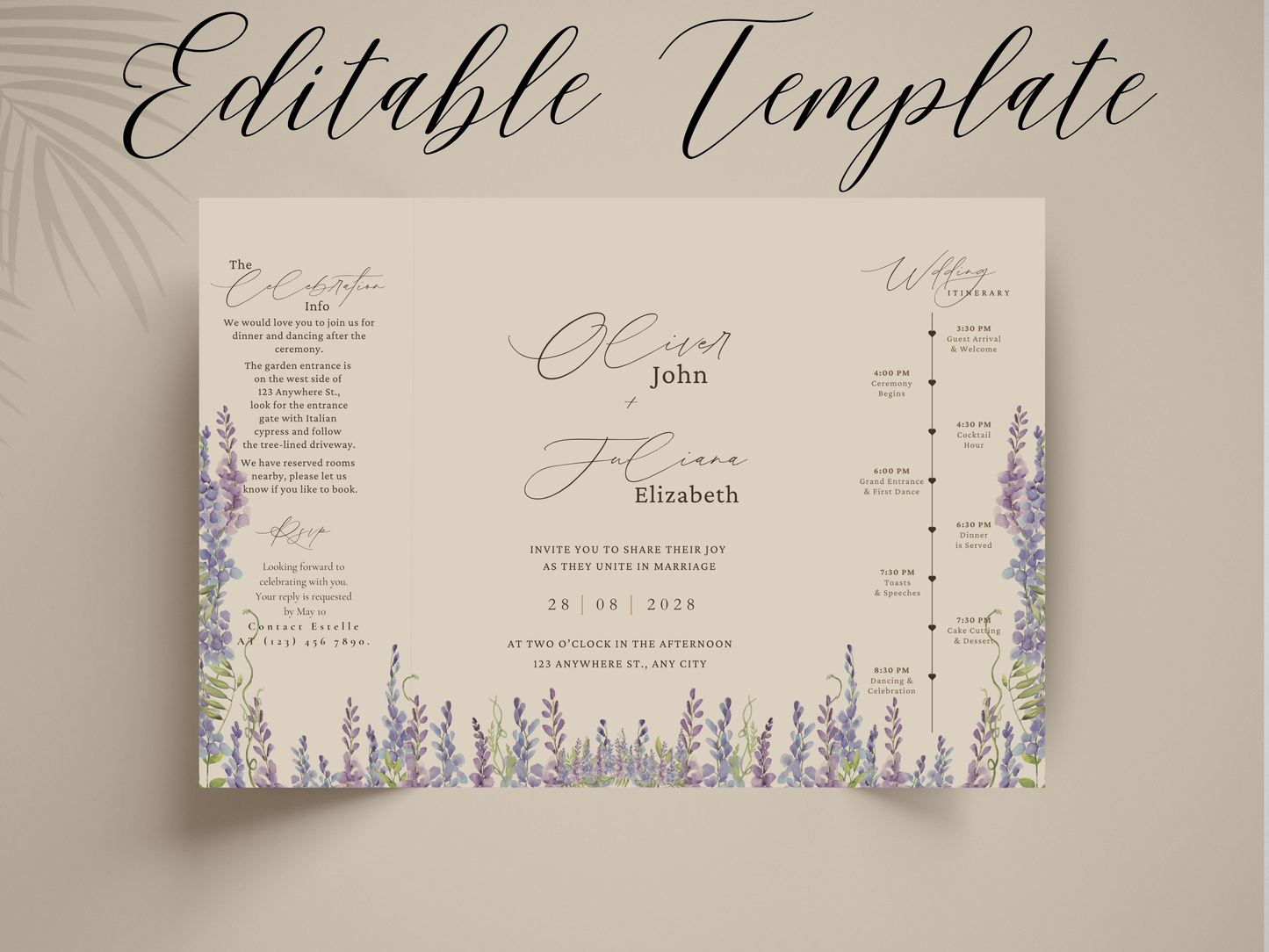 Lavender Wedding Invitation Template, Elegant Floral Itinerary Invite, Rustic Garden Wedding Suite, Editable Purple Flower Invitation.WI178