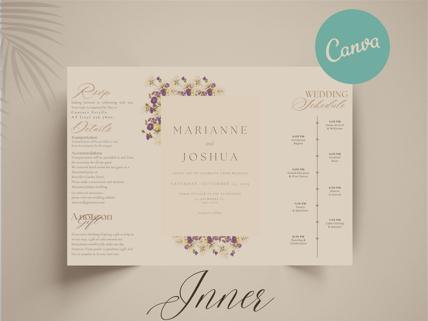 Elegant Gatefold Wedding Invitation with Floral Design | Personalized Wedding Card | Schedule Insert | RSVP Details Card Included. WI138