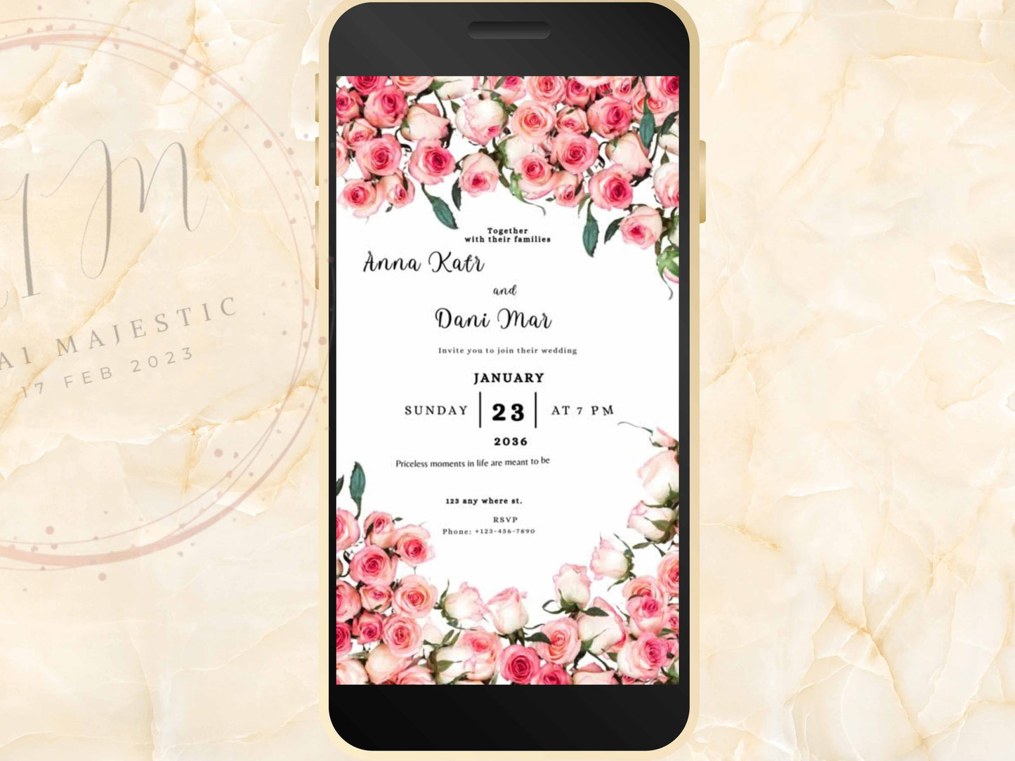 Pink Rose Wedding Evite Template, Electronic Wedding Invitation, Pink Rose video Wedding Invitation, Mobile Phone Invite. WEIB22