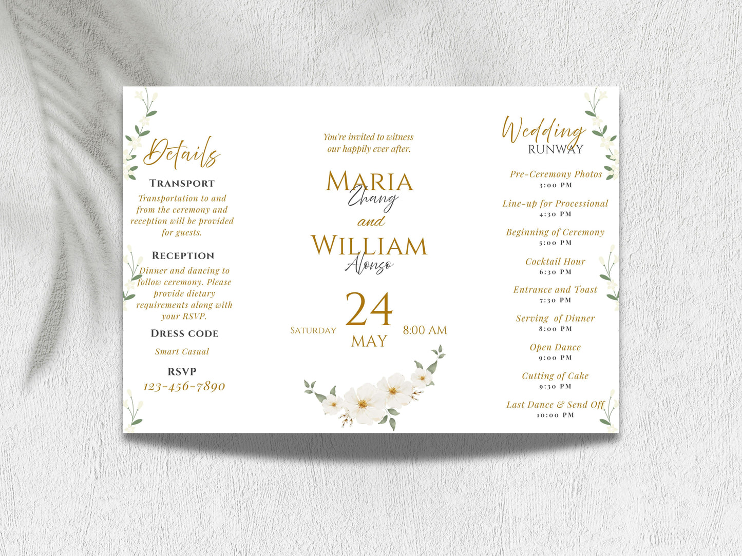 Elegant Gatefold Wedding Invitation Template | Floral Folded Invite | Printable Ceremony Card | Modern Wedding Schedule. WIB126