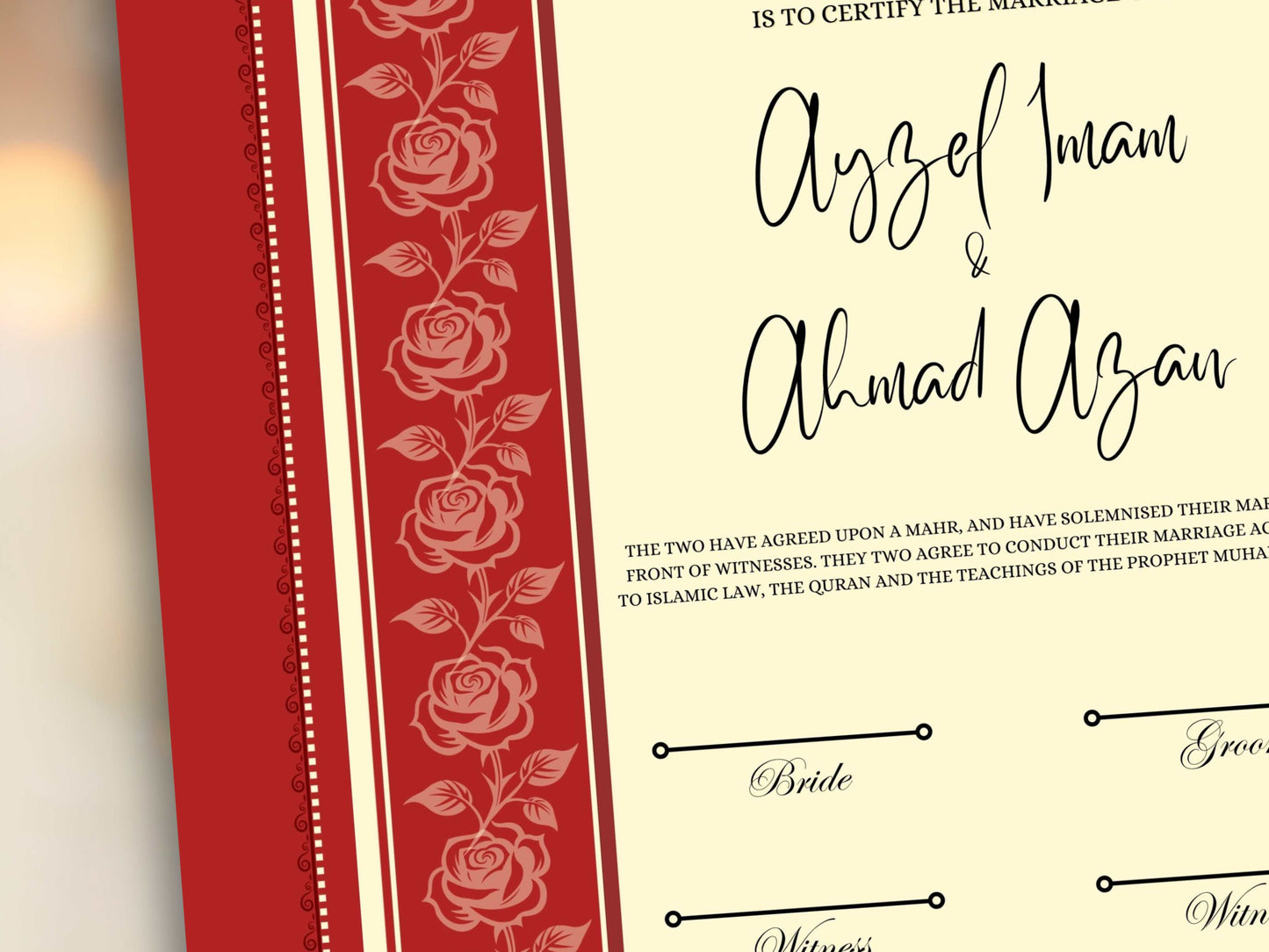 Rose Nikkah Certificate Template, Editable Nikkahnama, Printable Nikah Contract, Muslim Contract, Red Nikkah Islamic Marriage Contract.NN253