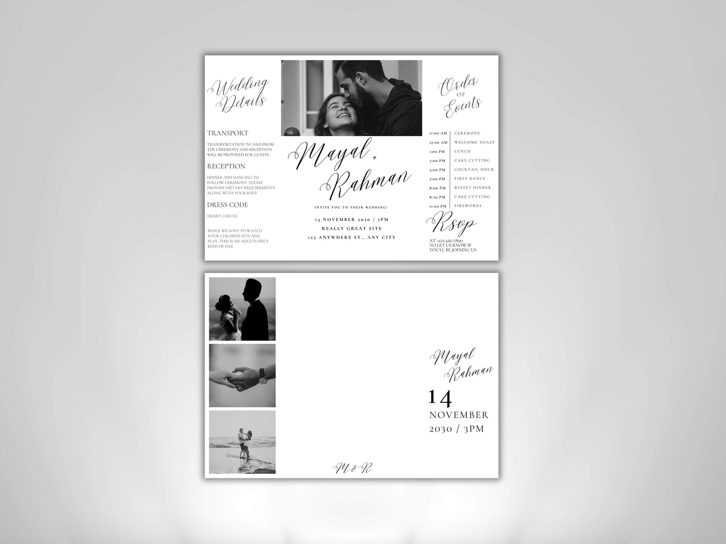 Gatefold Wedding Invitation Template | Elegant Black & White Folded Invite with RSVP Timeline | Printable Wedding Card with Photo. WEIB123