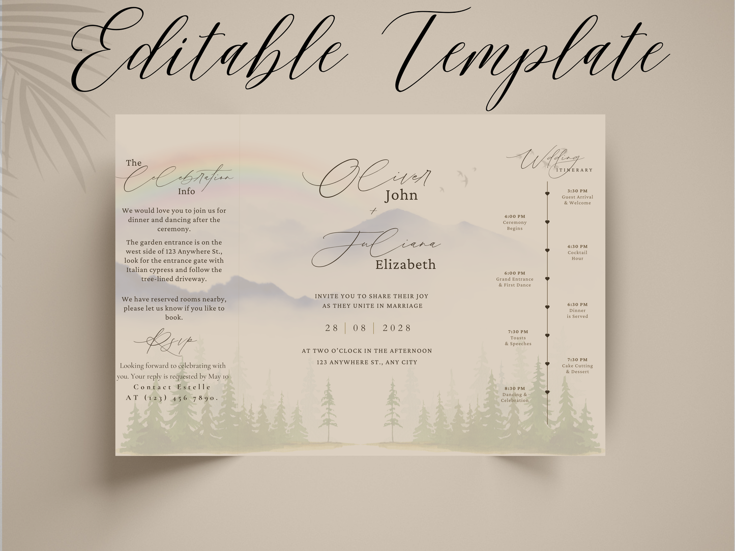 Mountain Wedding Invitation Template | Watercolor Forest Itinerary Invite | Rustic Outdoor Wedding Program | Editable Template.wi177