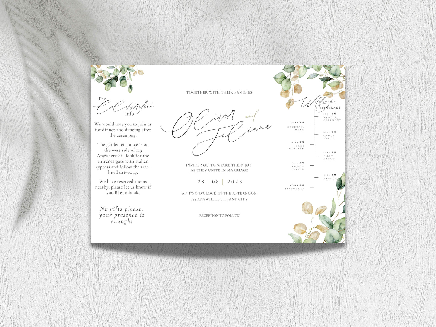 Gatefold Wedding Invitation Template | Green Folded Invite | Printable Ceremony Card | Modern Wedding Schedule Design. WIB127
