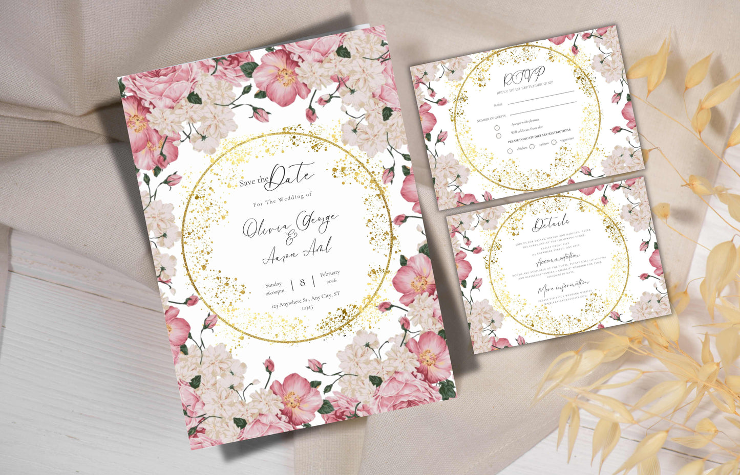 Pink Rose Wedding Invitation, Gold Frame wedding invitation template suite, Editable Rsvp, invitation template, Wedding Invites. WE119