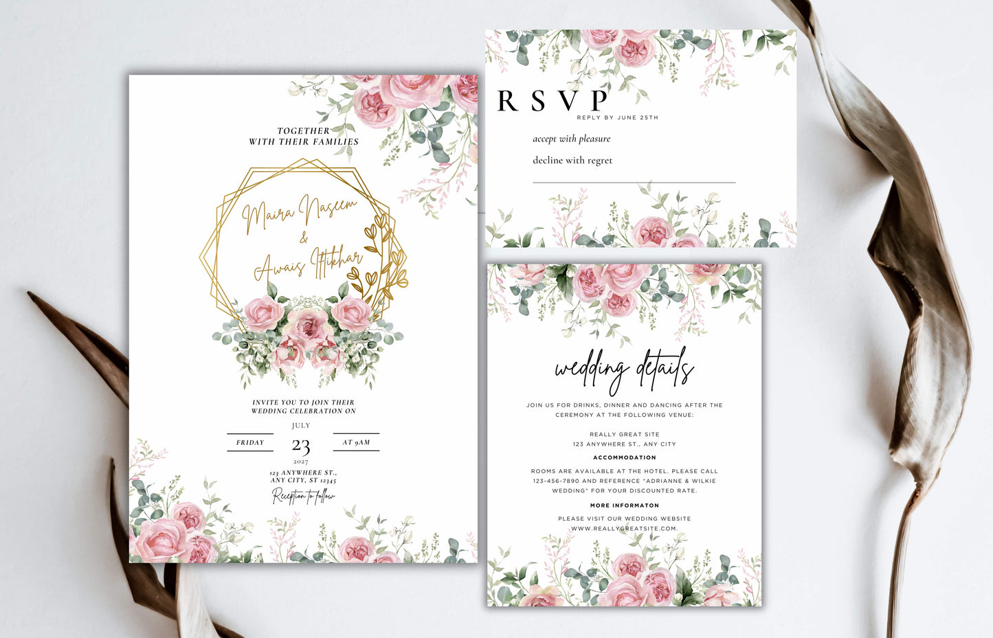 Floral Wedding Invitation Template , Pink Red Roses Invite, Elegant wedding Invitation, Editable, Rsvp, Details, Digital Download. WI112