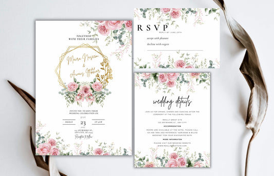 Floral Wedding Invitation Template , Pink Red Roses Invite, Elegant wedding Invitation, Editable, Rsvp, Details, Digital Download. WI112