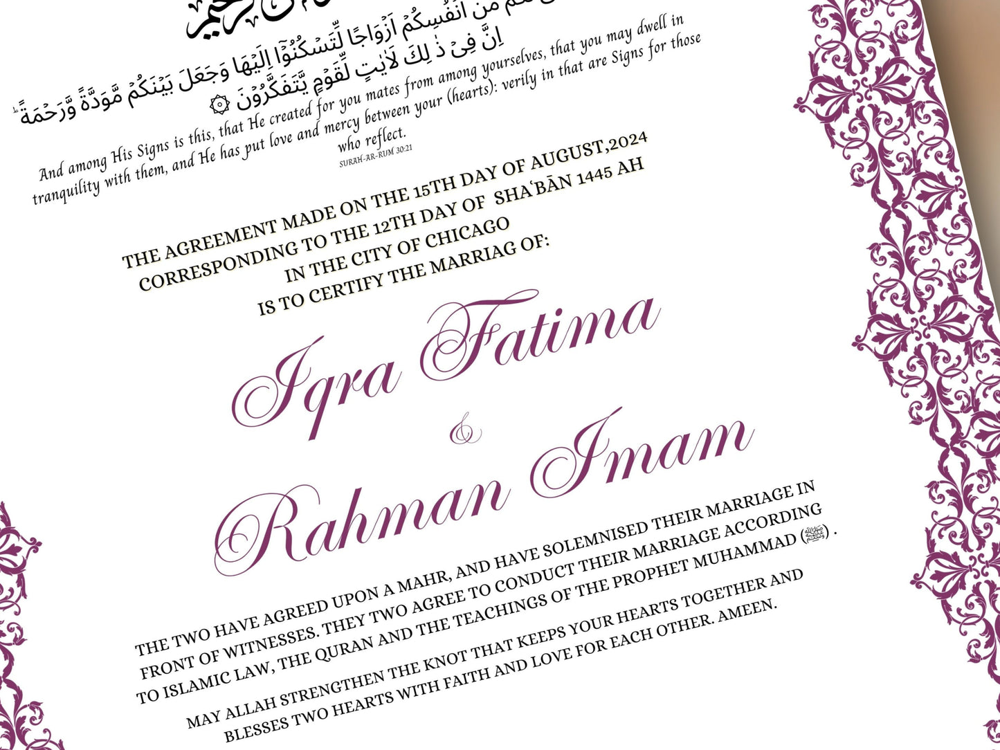 Nikkah Certificate Digital Download Personalised, A4, A3, Template, Editable, Purple Nikkah Nama, Nikkah Contract, Muslim Contract. NN244