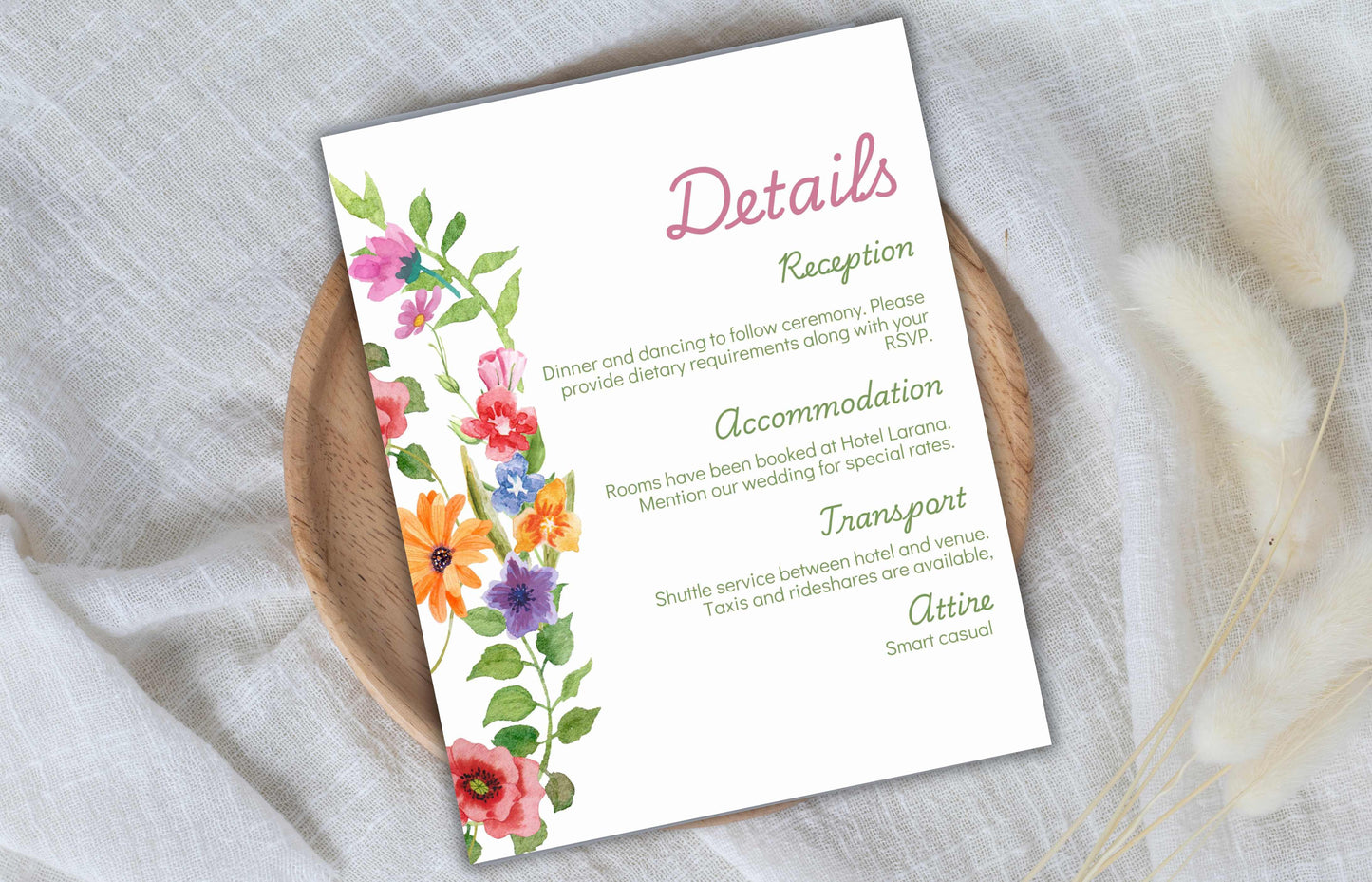 Pink Floral Wedding Invitation Template, Summer Wedding Invitation Suite, Botanical Invitation, Instant Download. WSB63