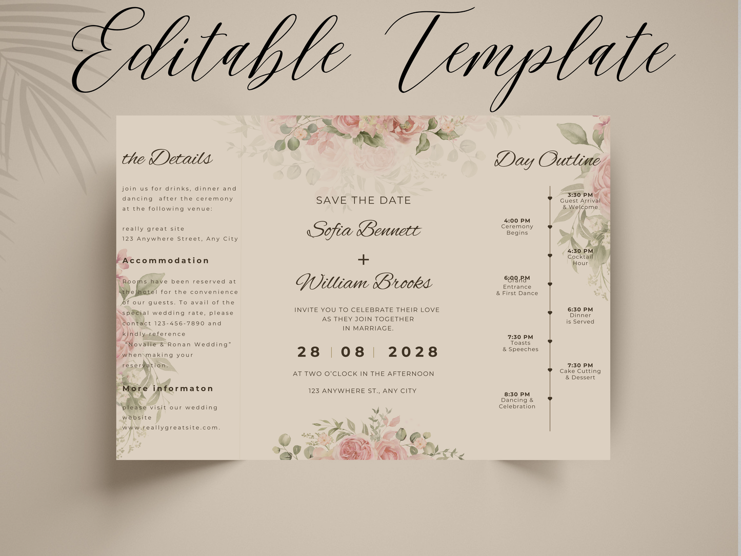 Floral Wedding Itinerary Template, Save the Date Timeline Card, Editable Canva Template, Wedding Day Schedule, Printable Details Card. WI181