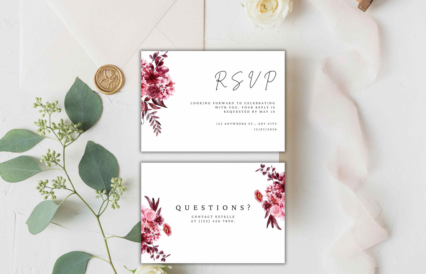 Wedding Invitation Suite, Maroon Wedding Invite Set, Editable Rsvp Card Template, 3 Piece Invitation Bundle, Details Card, WI108