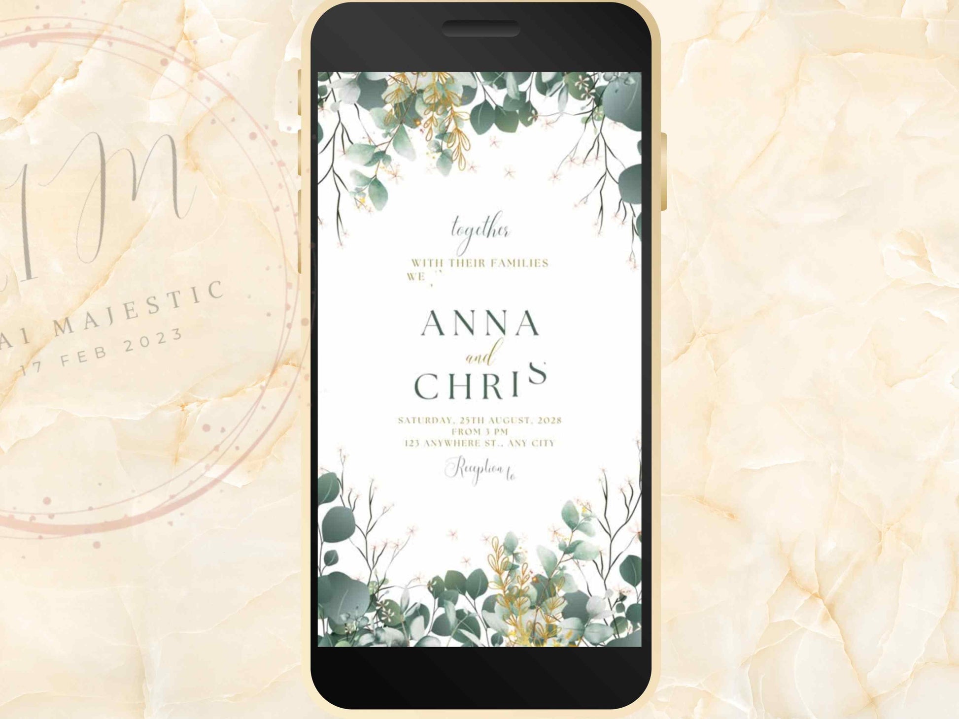 Green Electronic Wedding Invitation, Digital Wedding Invitation, E-Invite, Minimalistic - Personalized Electronic invite. WEI50 - A1 Majestic