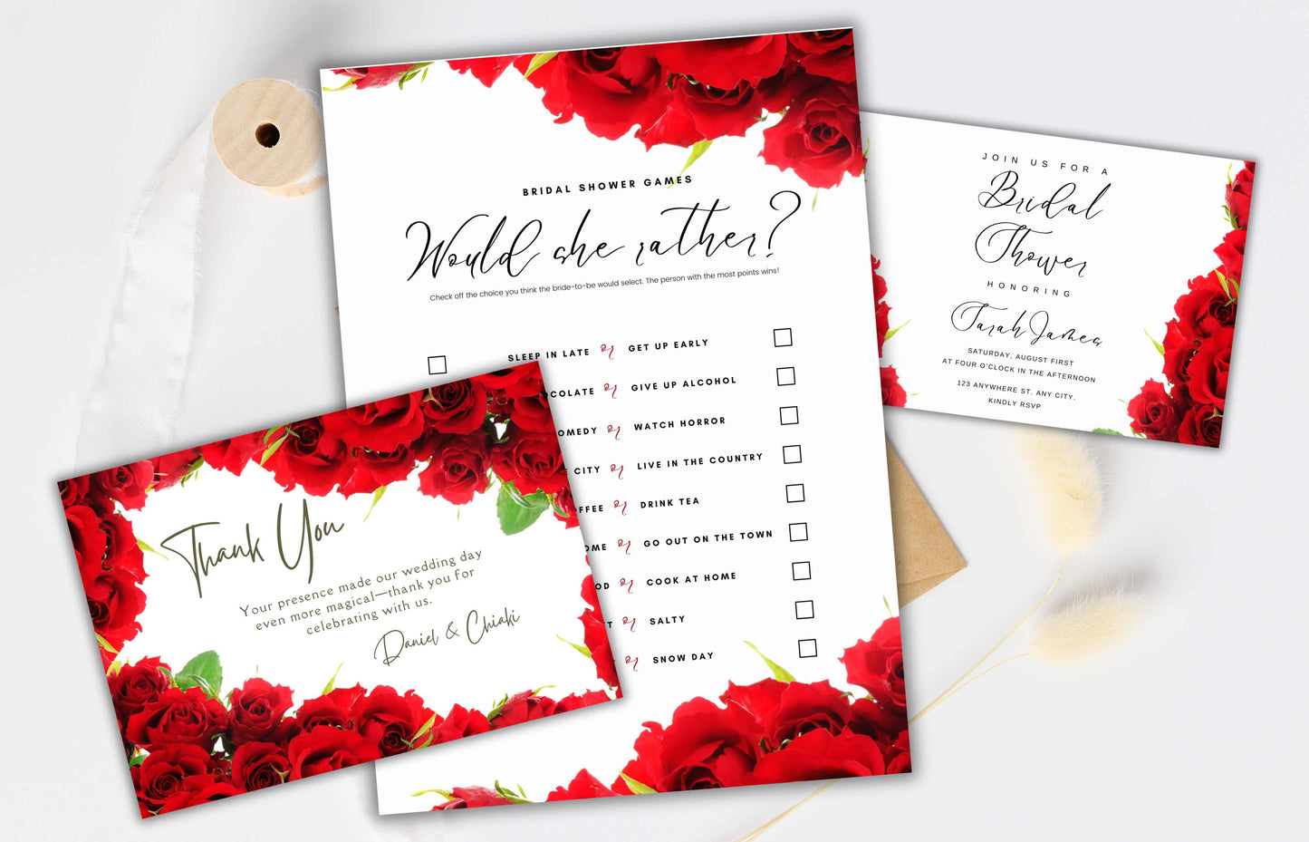 Red Rose Wedding Invitation Bundle, RSVP, Thank You Card, Red Rose Bridal Shower, Games Wedding Party Menu, Details Card, Template, WB1
