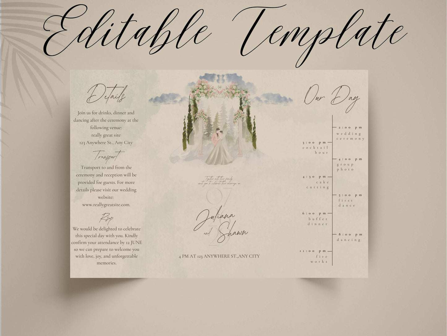 Elegant Wedding Itinerary Invitation | Watercolor Floral Arch Wedding Card | Modern Timeline Order of Events Invite. 158