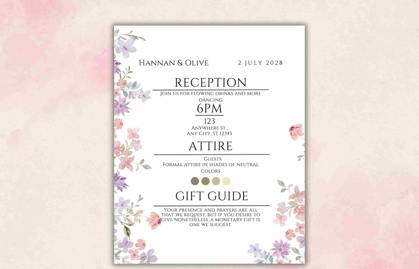 Wildflower Wedding Invitation Template, Printable Wedding Invitation, Pink and purple Invitation, Wedding Suite, RSVP, Details. WI101 - A1 Majestic