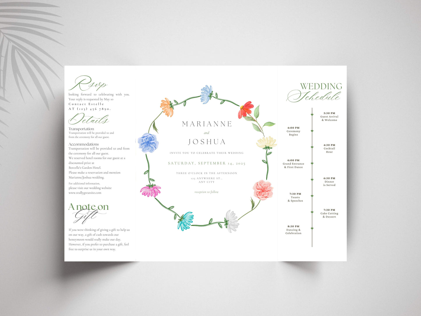 Elegant Gatefold Wedding Invitation | Floral Folded Invite | Printable Wedding Template | RSVP & Details Card | Editable PDF. WI134