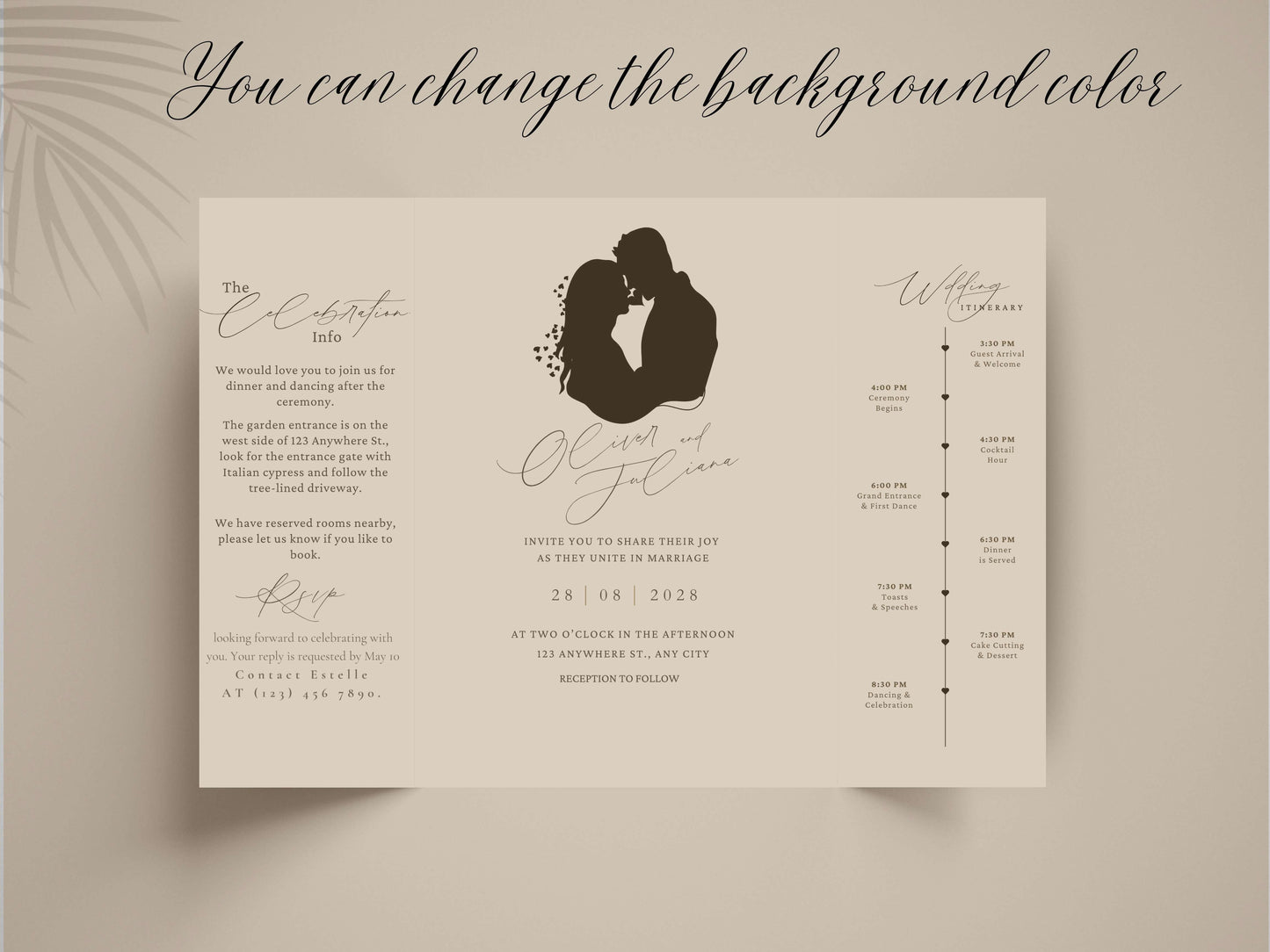 Elegant Gatefold Wedding Invitation | Minimalist Silhouette Wedding Itinerary Card | Modern Folded Wedding Invite Printable Template. WI144