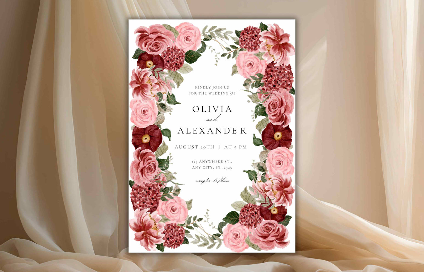 Burgundy Wedding Invitation Template, Wedding Invite Suite, Details Card, Template, Editable Invitation , Printable RSVP, Download. WI95