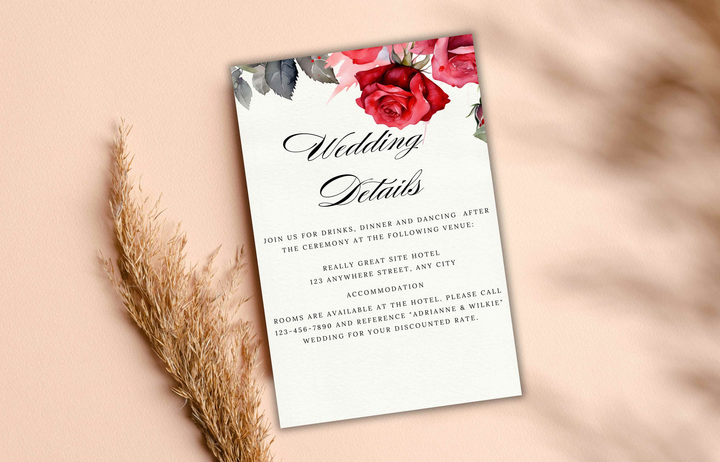 Wedding Invitation Set, Editable Red Rose Wedding , Wedding Invitation Template, Floral Invitation, Reception Card, RSVP Card, Details. WT35