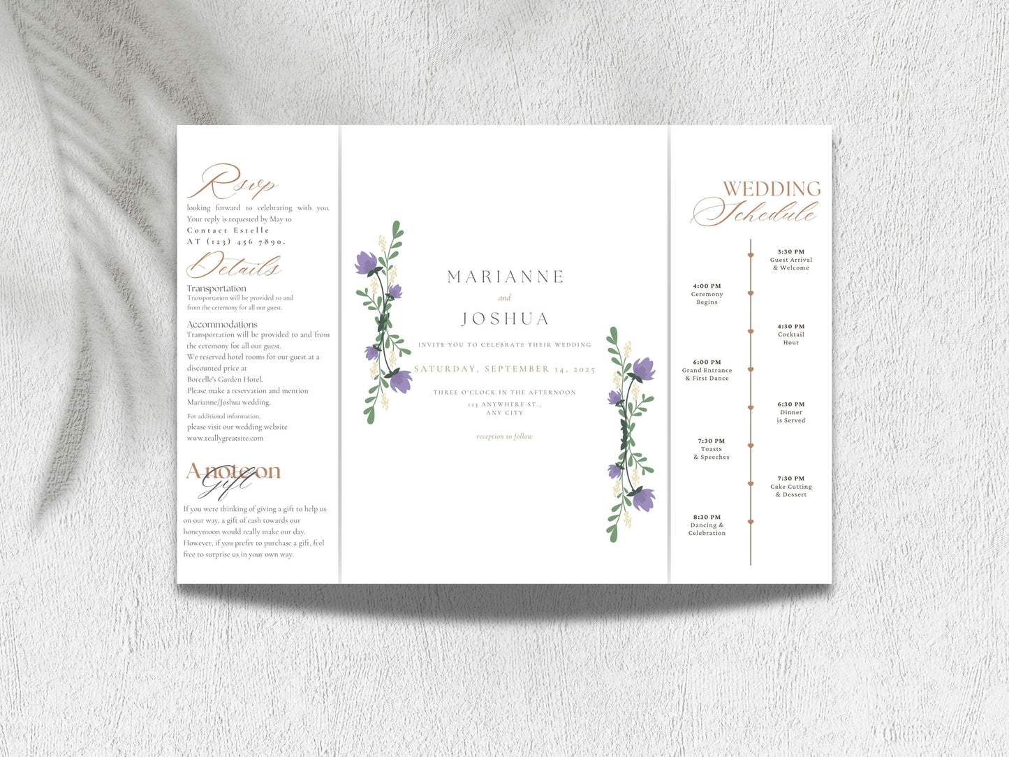 Elegant Floral Gatefold Wedding Invitation with Timeline | Rustic Folded Wedding Card | Botanical RSVP Invite | Digital WIB124