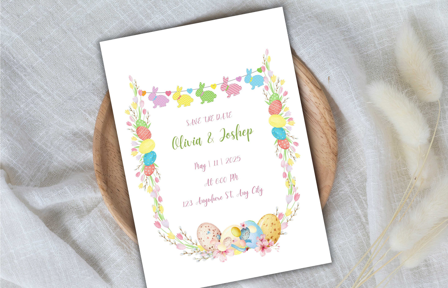Easter Wedding Invitation Suite, Colorful Wedding Invitation Template, Editable Template, Floral invitation, Easter Wedding Bundle. WSB64