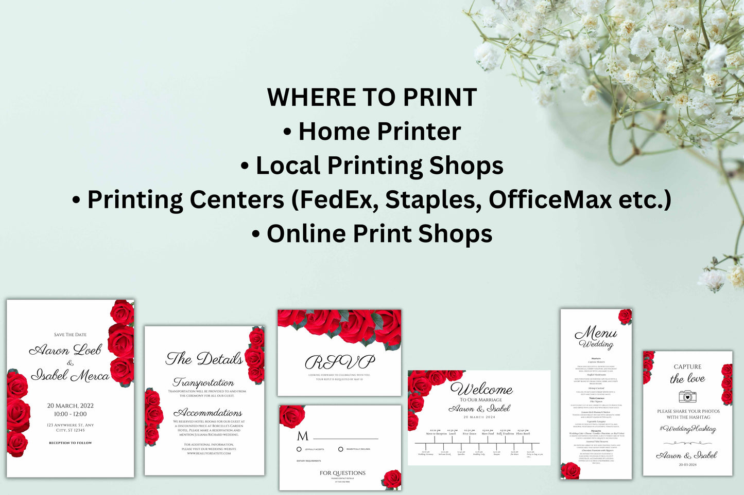 Red Rose Wedding Invitation set, Red Rose RSVP, Welcome Sign, Elegant Red Rose Wedding Timeline, Details Editable, Menu Card, WC40