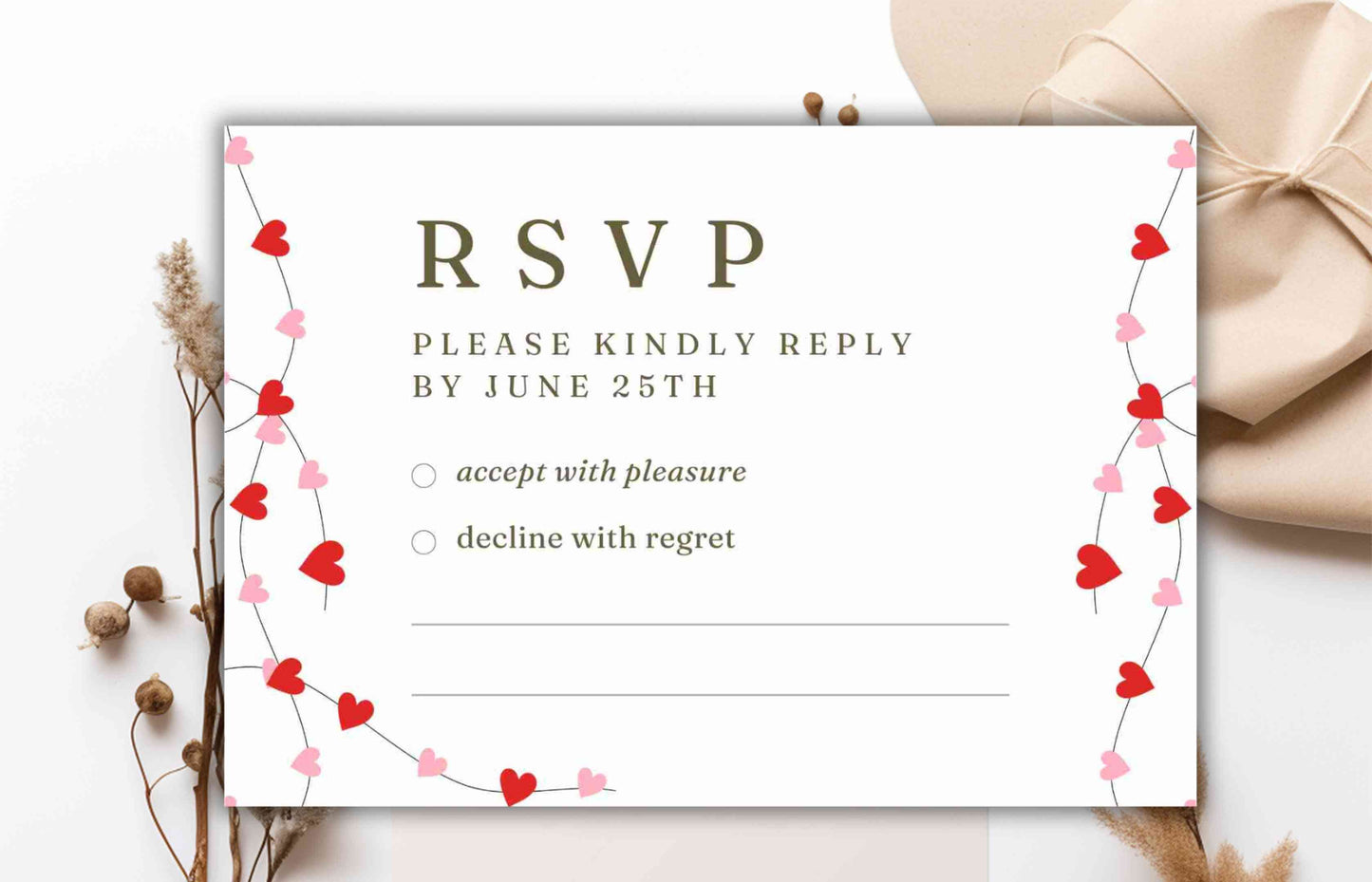 Romantic Wedding Invitation Template, Wedding Invitations Valentine Suite, RSVP, Detail Card, Red Hearts Invitation, Pink Heart Invite. WI98